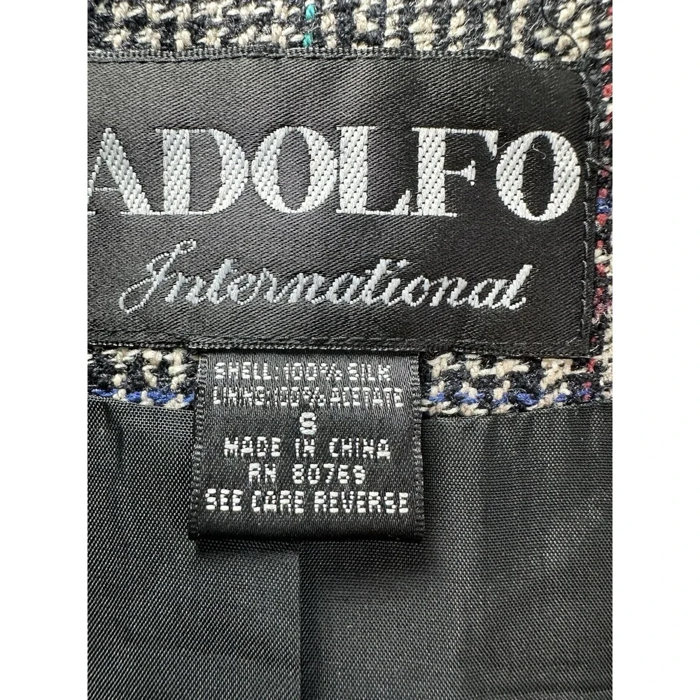 VTG Adolfo International Women 100% Silk Oversized Glen Plaid Gray Blazer‎ SMALL